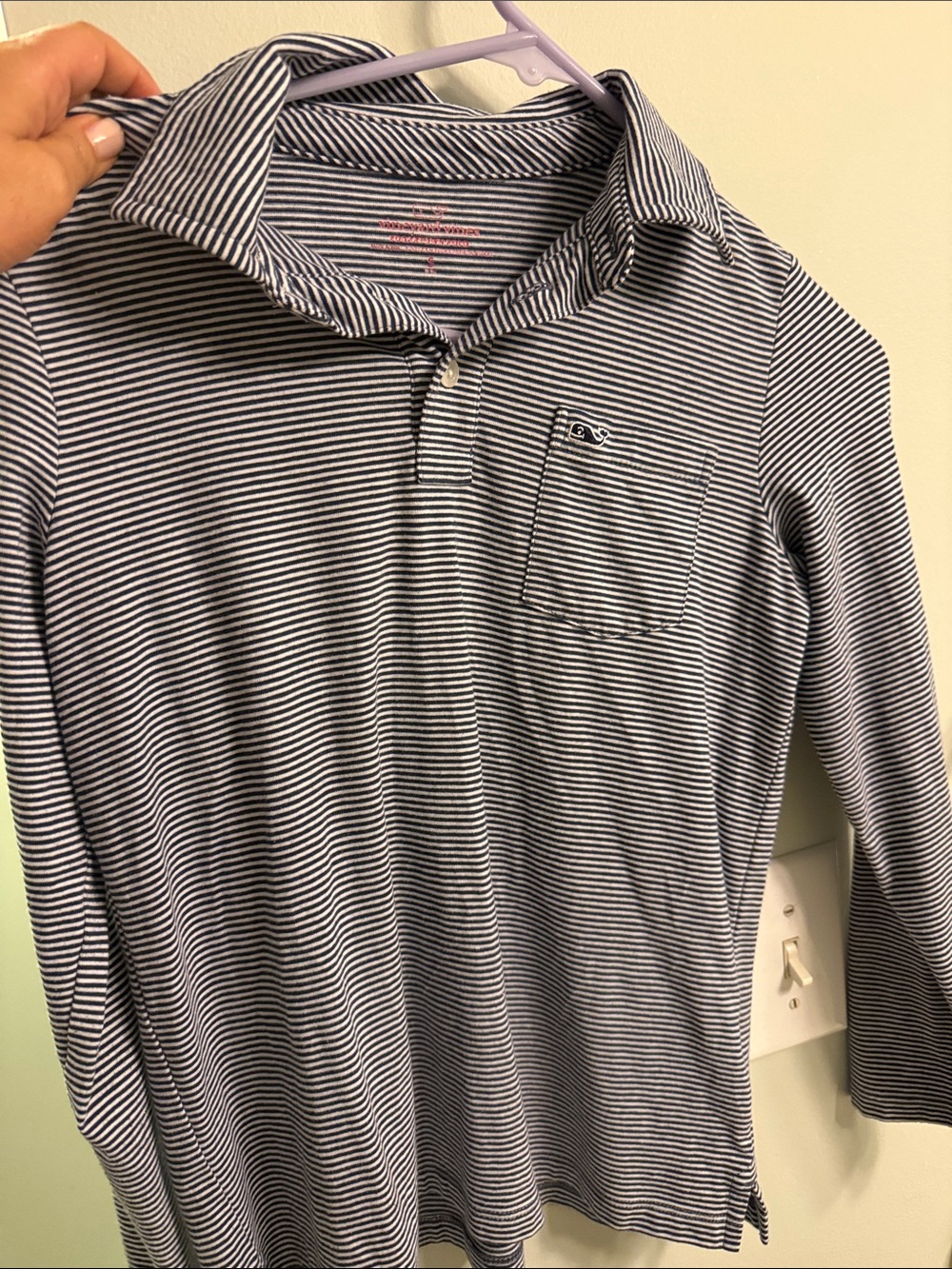Vineyard Vines Navy and White Thin-Striped Long-Sleeve Polo